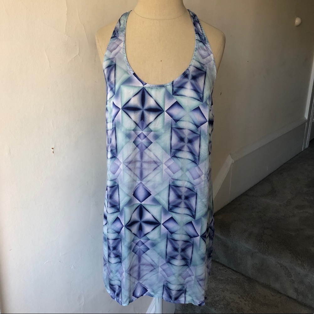 Asceno Silk Stain Glass Printed Blue Multi Side Slit Racerback Tunic Top EUC S